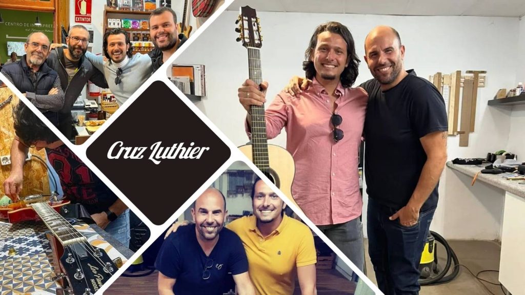Imagen en collage del Luthier Rayco Martín con varios de sus clientes y trabajando.